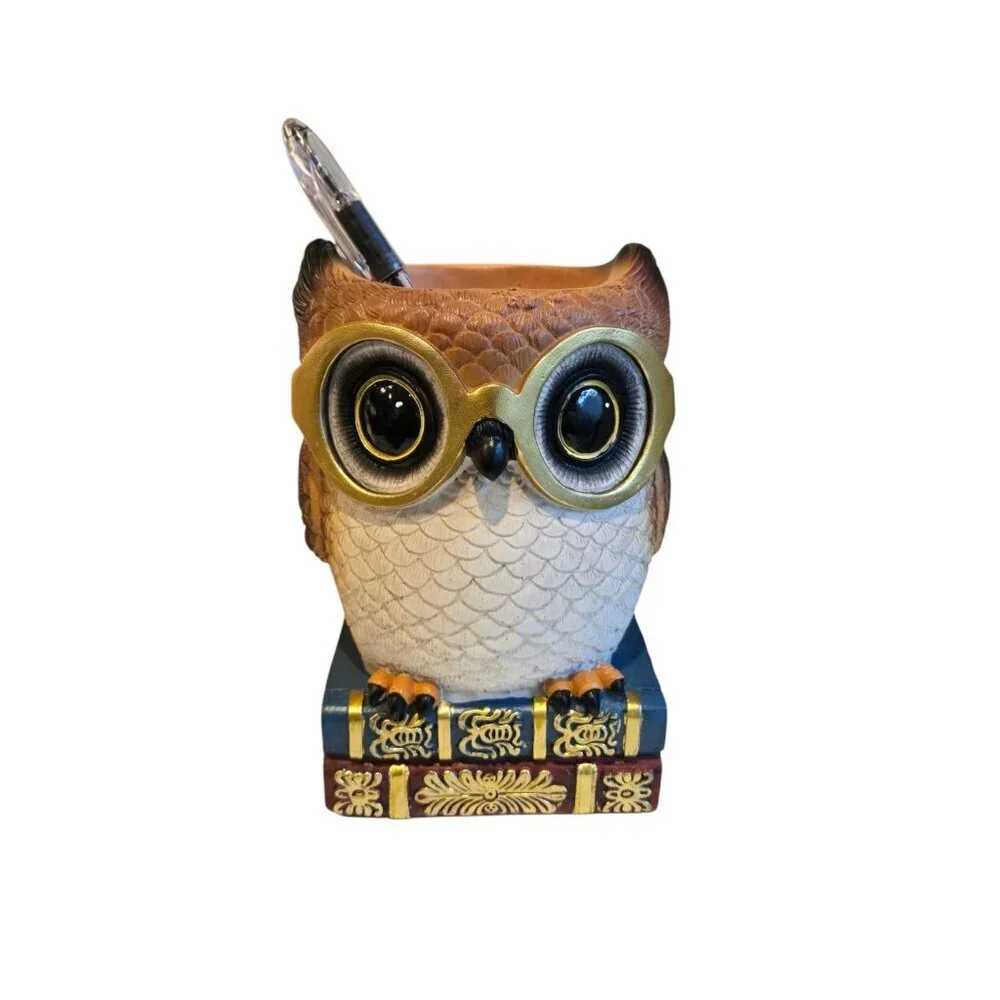 New Owl On Books Nerd Pencil Holder Organizer Desk Office School Supplies Vase